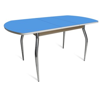 Обеденный раздвижной стол ПГ-01 СТ2, дуб молочный/синие стекло/35 хром гнутые металл в Липецке - предосмотр