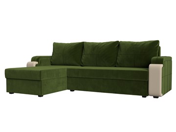 Угловой диван с оттоманкой Николь лайт, Зеленый/Бежевый (микровельвет/экокожа) в Липецке