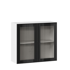 Навесной кухонный шкаф со стеклом 800 Индиго ЛД 298.360.000.023, Белый/Чёрный в Липецке