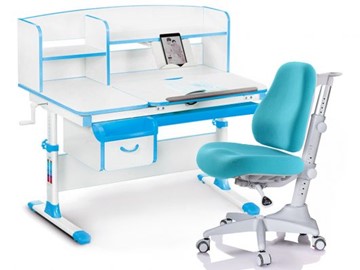 Комплект растущая парта + стул Mealux-EVO Evo-50 BL (арт. Evo-50 BL + Y-528 KBL) / (стол+полка+кресло) / белая столешница / цвет пластика голубой в Липецке