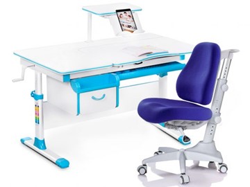 Комплект растущая парта + стул Mealux EVO Evo-40 BL (арт. Evo-40 BL + Y-528 SB) / (стол+полка+кресло) / белая столешница / цвет пластика голубой в Липецке